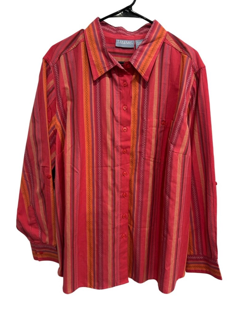 Liz & Me 2X Red Orange Striped Button Up Shirt Cotton Rayon Retro Minimalist